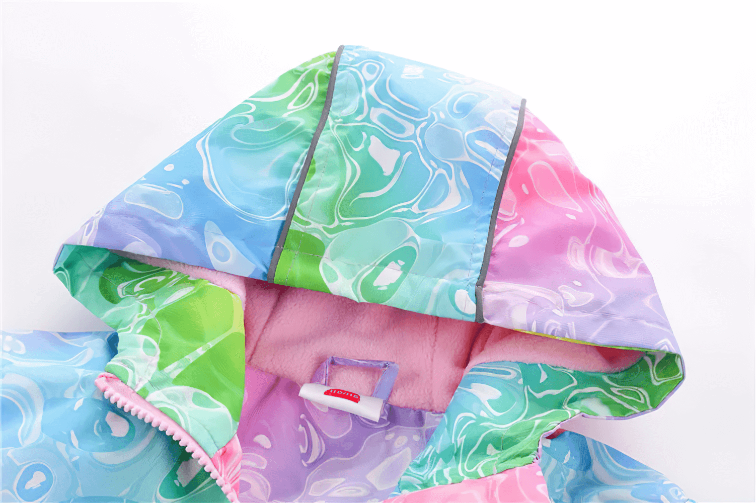 Colorful hood of Girls Rainbow Gradient Windproof Hooded Jacket - SF3841, showcasing vibrant design and soft lining.