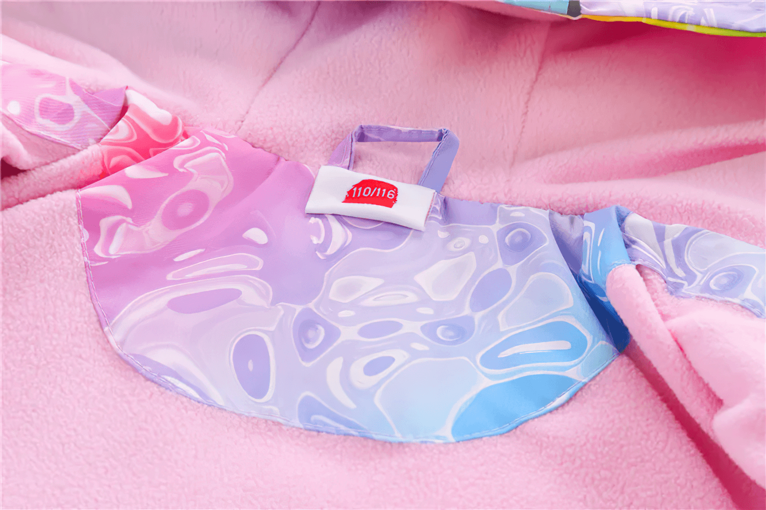 Close-up of Girls Rainbow Gradient Windproof Hooded Jacket - SF3841 showcasing vibrant design and soft polar fleece lining.