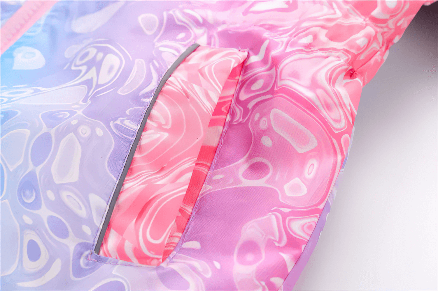 Close-up of pocket detail on Girls Rainbow Gradient Windproof Hooded Jacket - SF3841 with vibrant, swirled design in pink and purple.