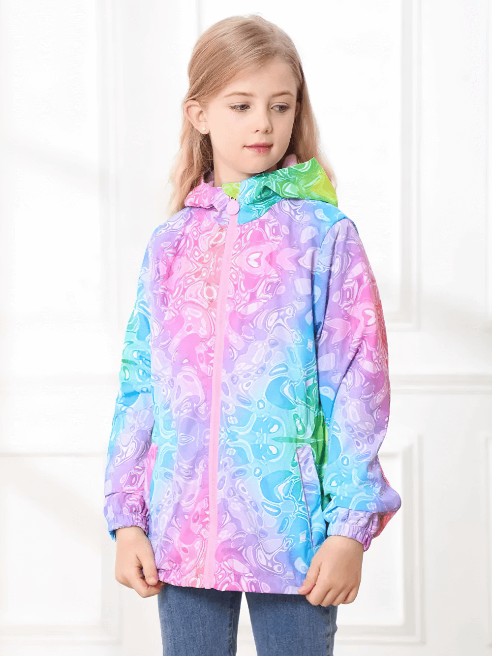 Girls wearing the Girls Rainbow Gradient Windproof Hooded Jacket - SF3841, showcasing its vibrant colors and cozy design
