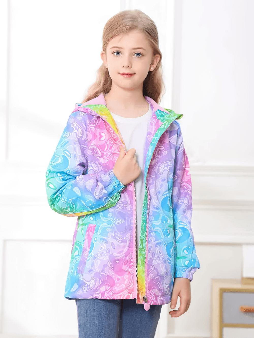 Girls wearing Rainbow Gradient Windproof Hooded Jacket - SF3841, vibrant design perfect for outdoor adventures, featuring a front zipper.