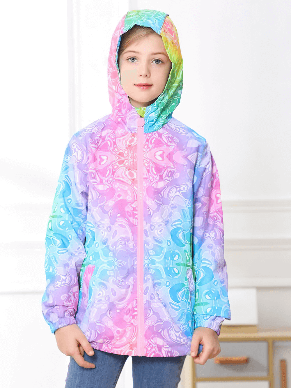 Girl wearing Girls Rainbow Gradient Windproof Hooded Jacket - SF3841 with vibrant colors, perfect for spring adventures.