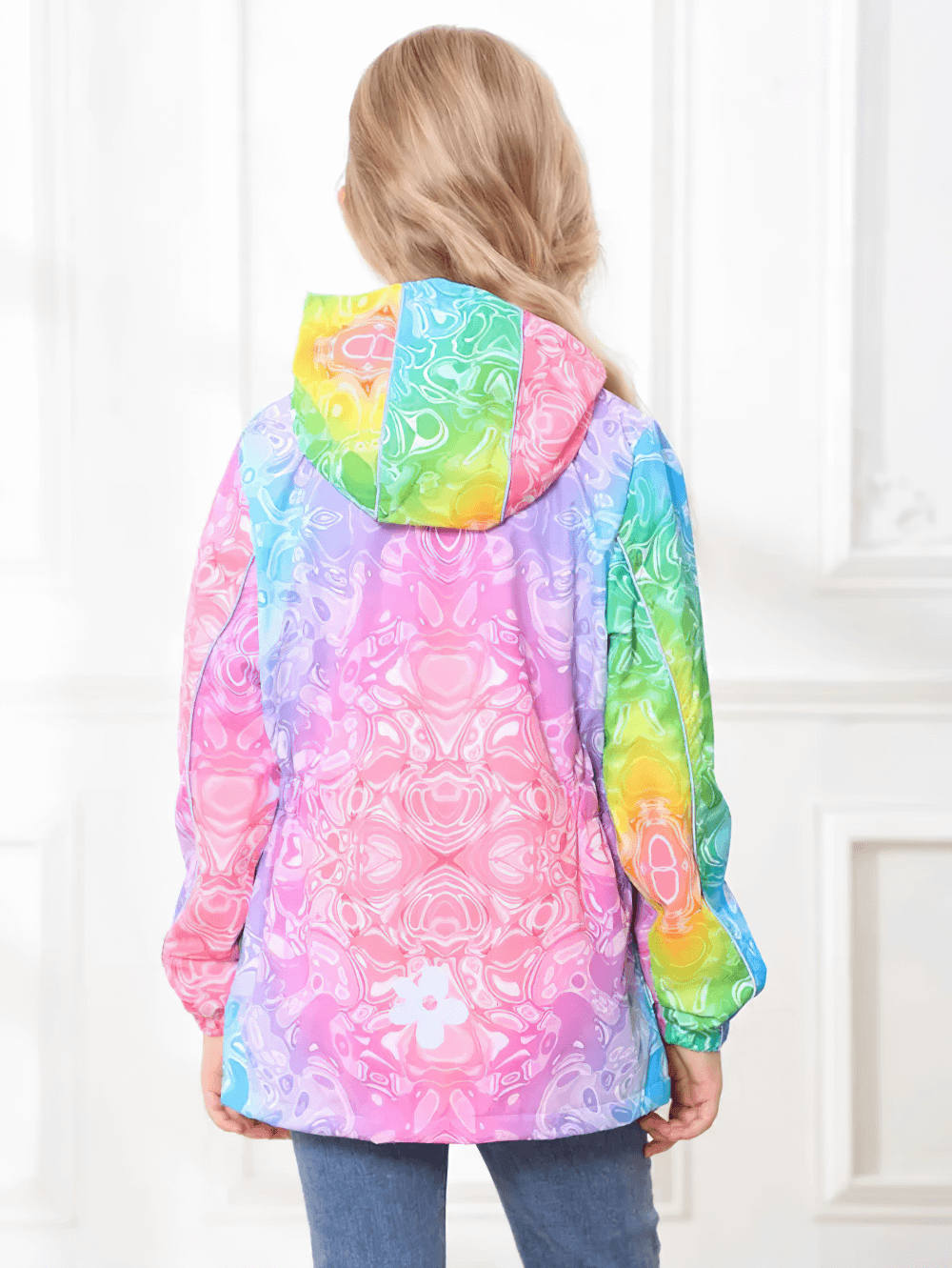 Girl wearing the vibrant Girls Rainbow Gradient Windproof Hooded Jacket - SF3841, showcasing the colorful pattern and hooded style.