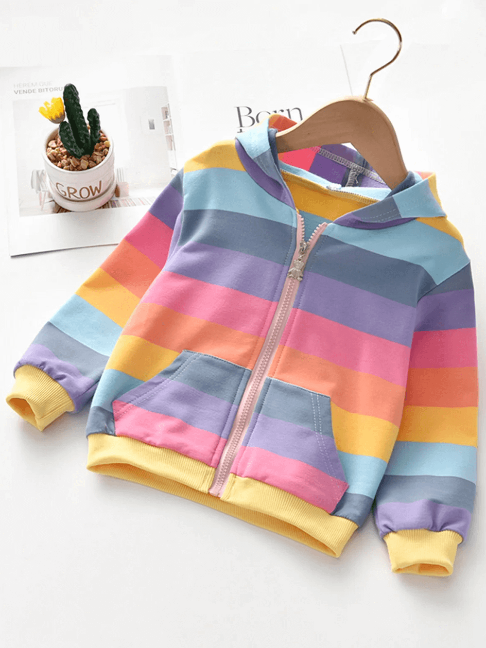 Girls Rainbow Stripe Zip Hoodie with Pockets - SF3598, a colorful and stylish kids' jacket perfect for spring and fall with multicolor stripes.
