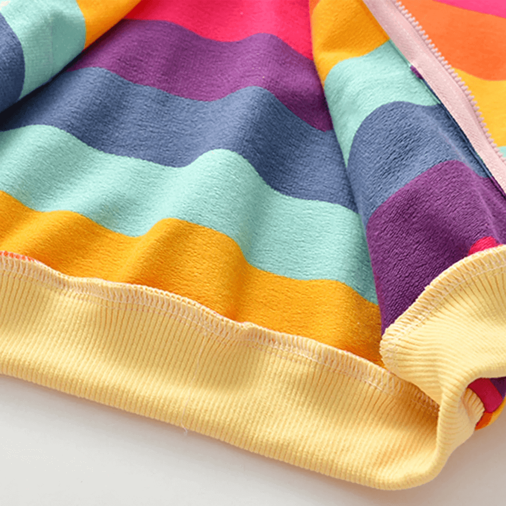 Close-up of colorful stripes on Girls Rainbow Stripe Zip Hoodie with Pockets - SF3598, perfect for playful and trendy kids' fashion.