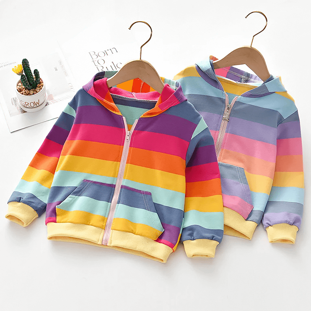 Colorful Girls Rainbow Stripe Zip Hoodie with Pockets - SF3598 on hangers, perfect for playful spring and fall outfits.