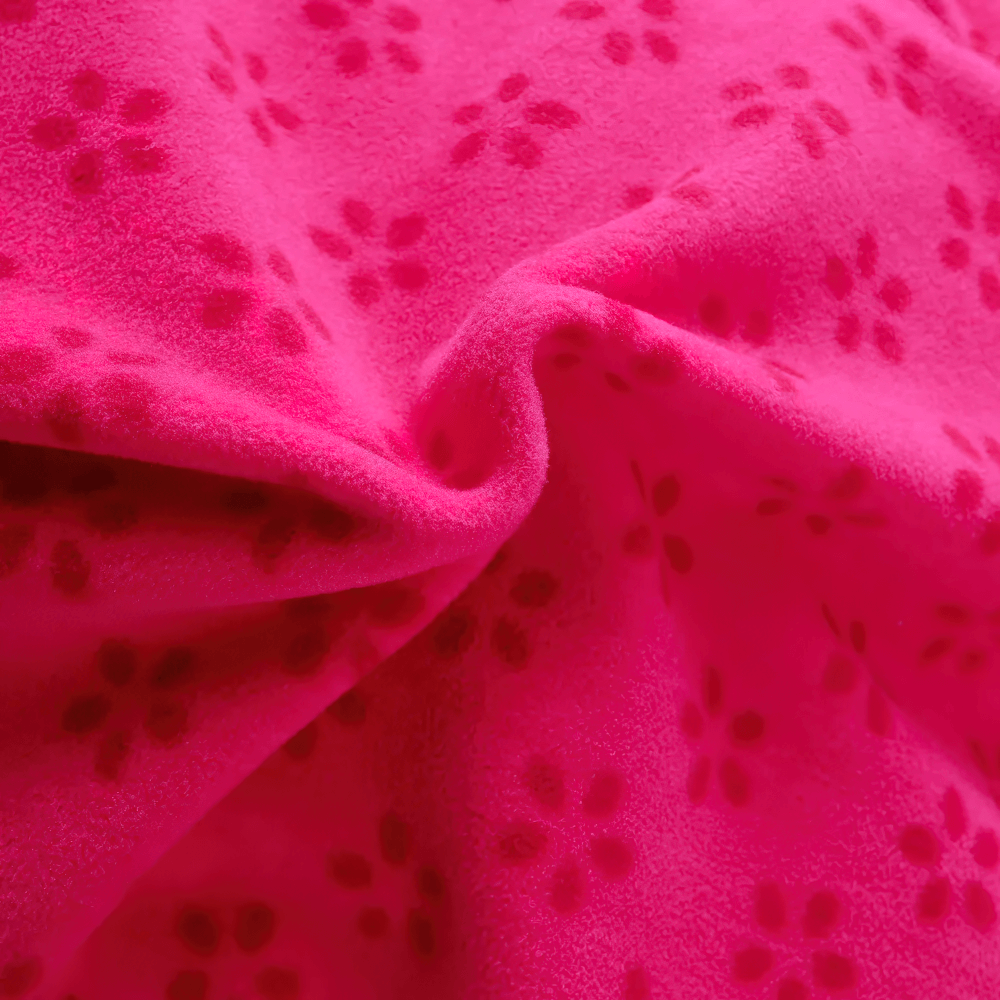 Soft printed fabric of Girls Rose Red Fleece Zip Jacket with Pockets - SF3530 showcasing pink fleece with flower patterns.