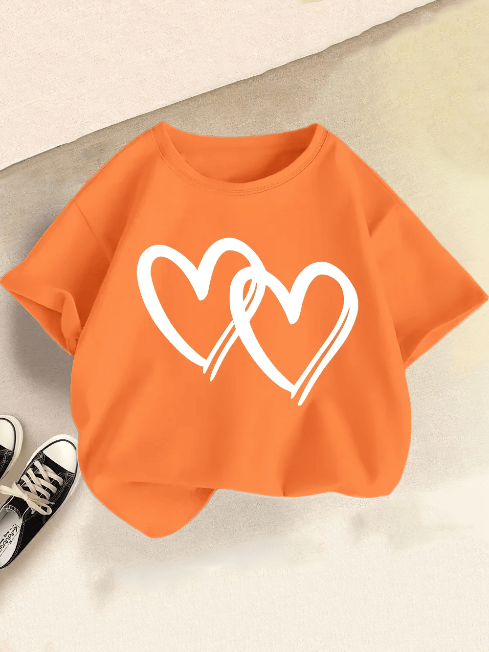 Girls' Round Neck T-Shirt with Heart Printed - SF3863 in vibrant orange with twin white heart design.