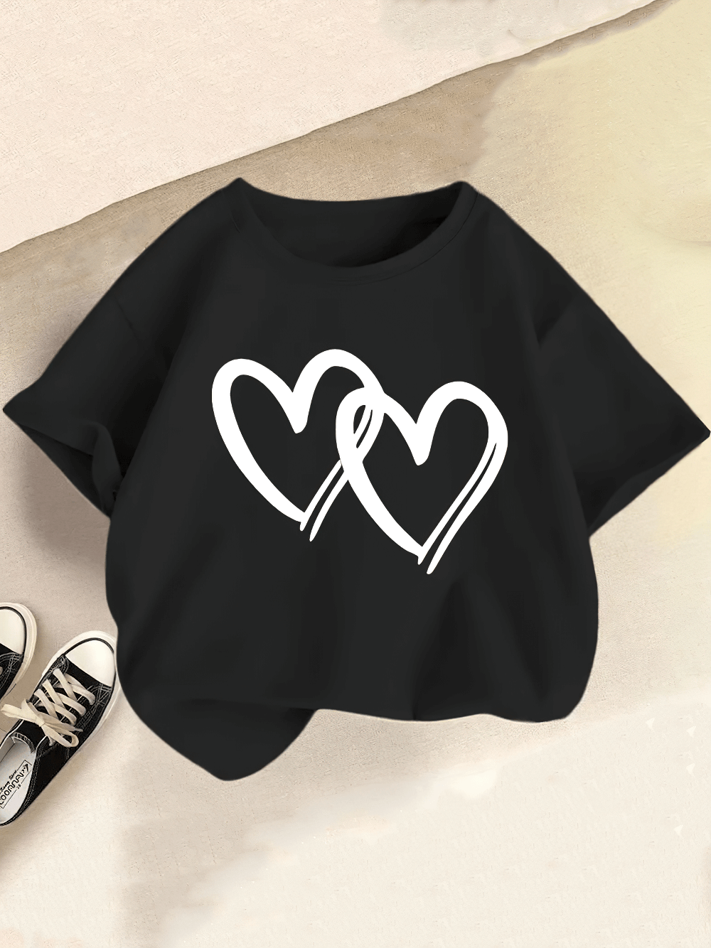 Girls' Round Neck T-Shirt with Heart Printed - SF3863, featuring black fabric with intertwined white heart design.