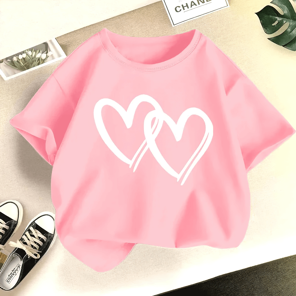 Girls' Round Neck T-Shirt with Heart Printed - SF3863 in pink.