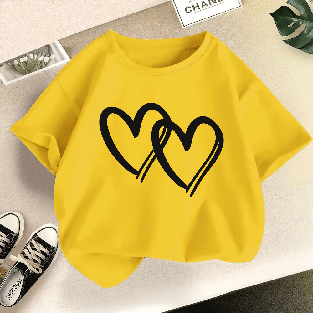 Girls' Round Neck T-Shirt with Heart Printed - SF3863 in vibrant yellow color featuring artistic black heart print