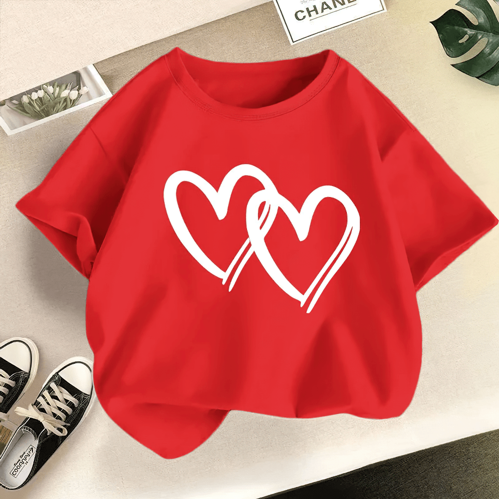 Girls' Round Neck T-Shirt with Heart Printed - SF3863 in vibrant red with stylish heart design displayed on a flat surface.