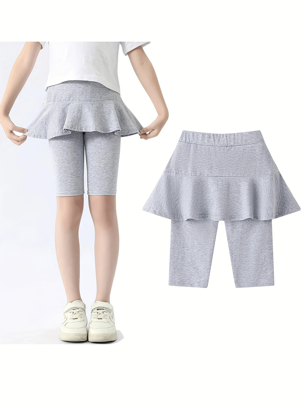 Girls Skirted Stretch Shorts for Active Play Kids - SF3857 in gray with layered sporty design perfect for running and dance.