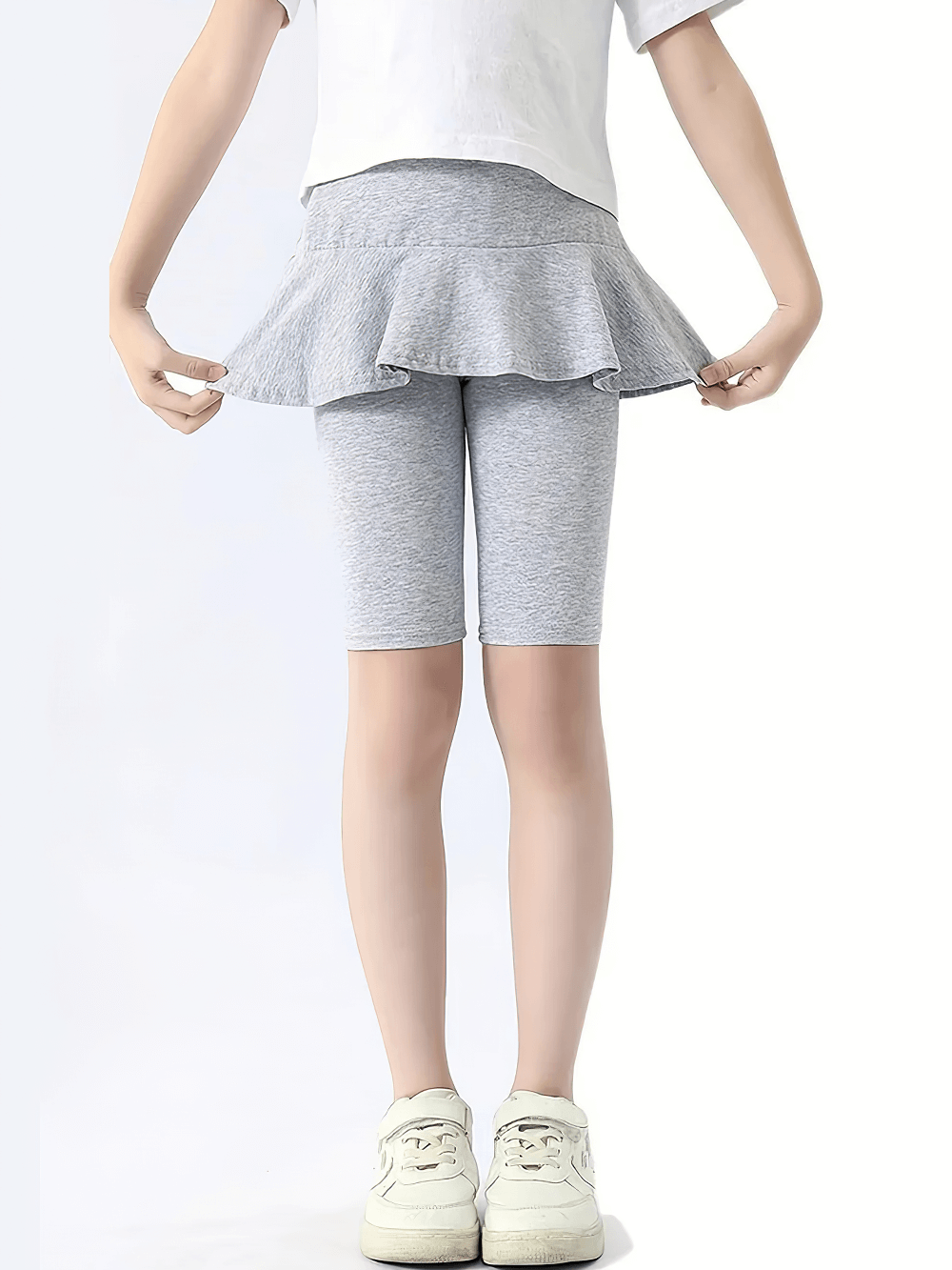 Girls Skirted Stretch Shorts for Active Play Kids - SF3857, gray athletic skort leggings with flared overlay for outdoor fun.