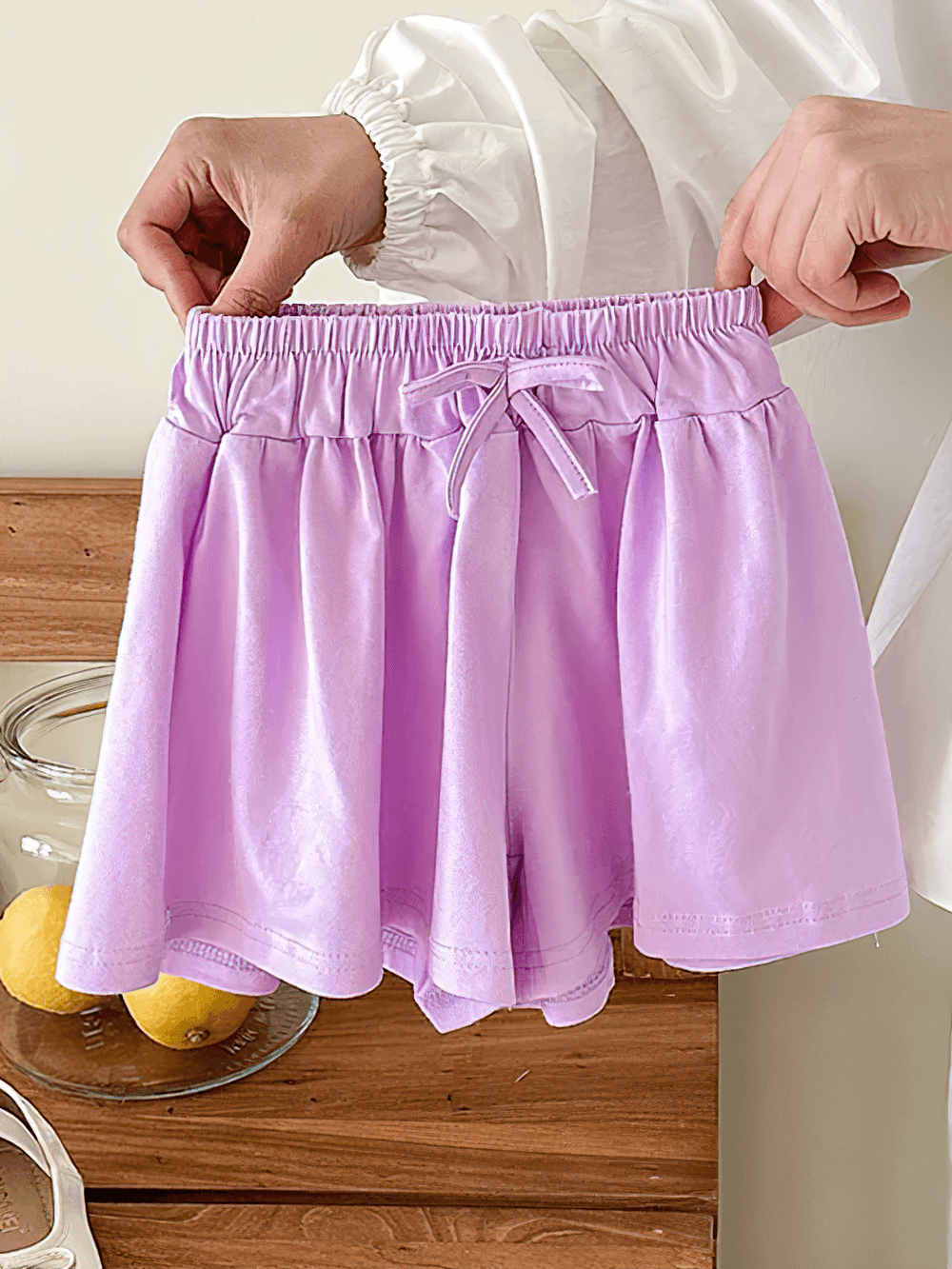 Girls' Soft Cotton Drawstring Loose Shorts - SF3737 in light purple, featuring a stretchy waistband and adjustable drawstring for comfort. Perfect for active play and casual wear.