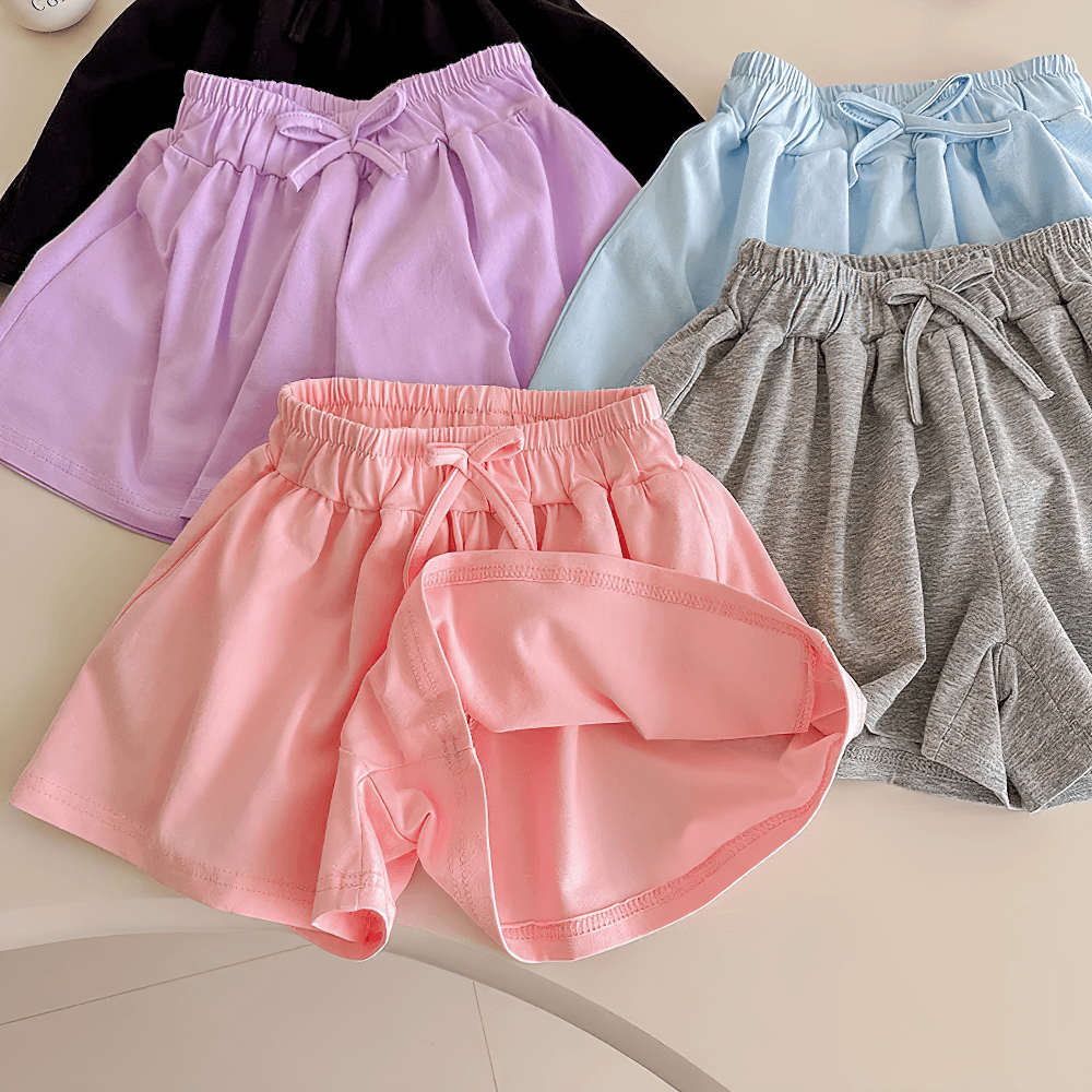 Colorful Girls' Soft Cotton Drawstring Loose Shorts - SF3737 in pink, purple, blue, and grey for summer comfort and style.