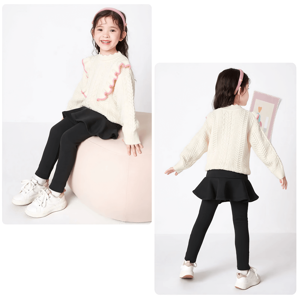 Girls Sport Warm Leggings with Flared Skirt - SF3886 modeled by young girl in stylish white sweater and sneakers