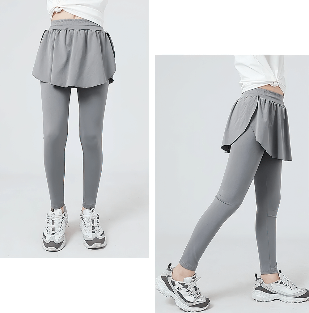 Girls Sports Leggings with Flow Skirt Design - SF3673, high-waist, gray, perfect for running, dance, or casual activities.