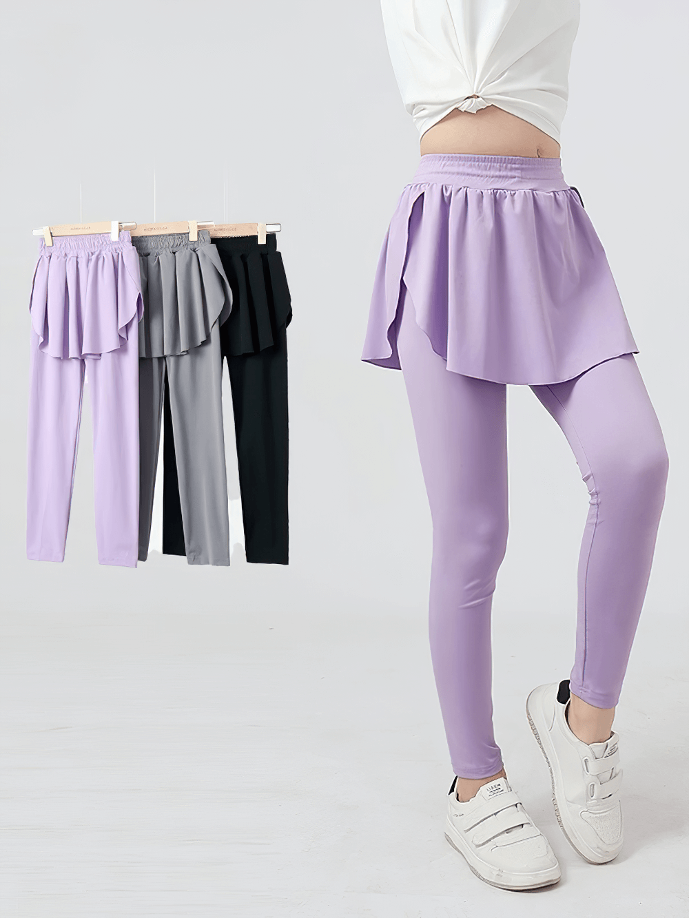Girls Sports Leggings with Flow Skirt Design - SF3673 display in purple, gray, and black.