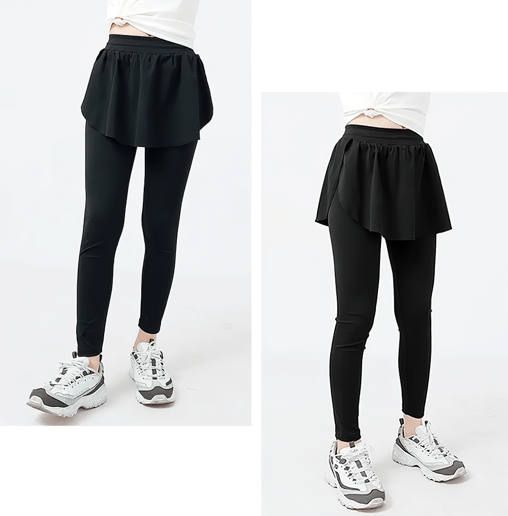 Girls Sports Leggings with Flow Skirt Design - SF3673 showcasing high-waist fit and playful style for running and workouts.