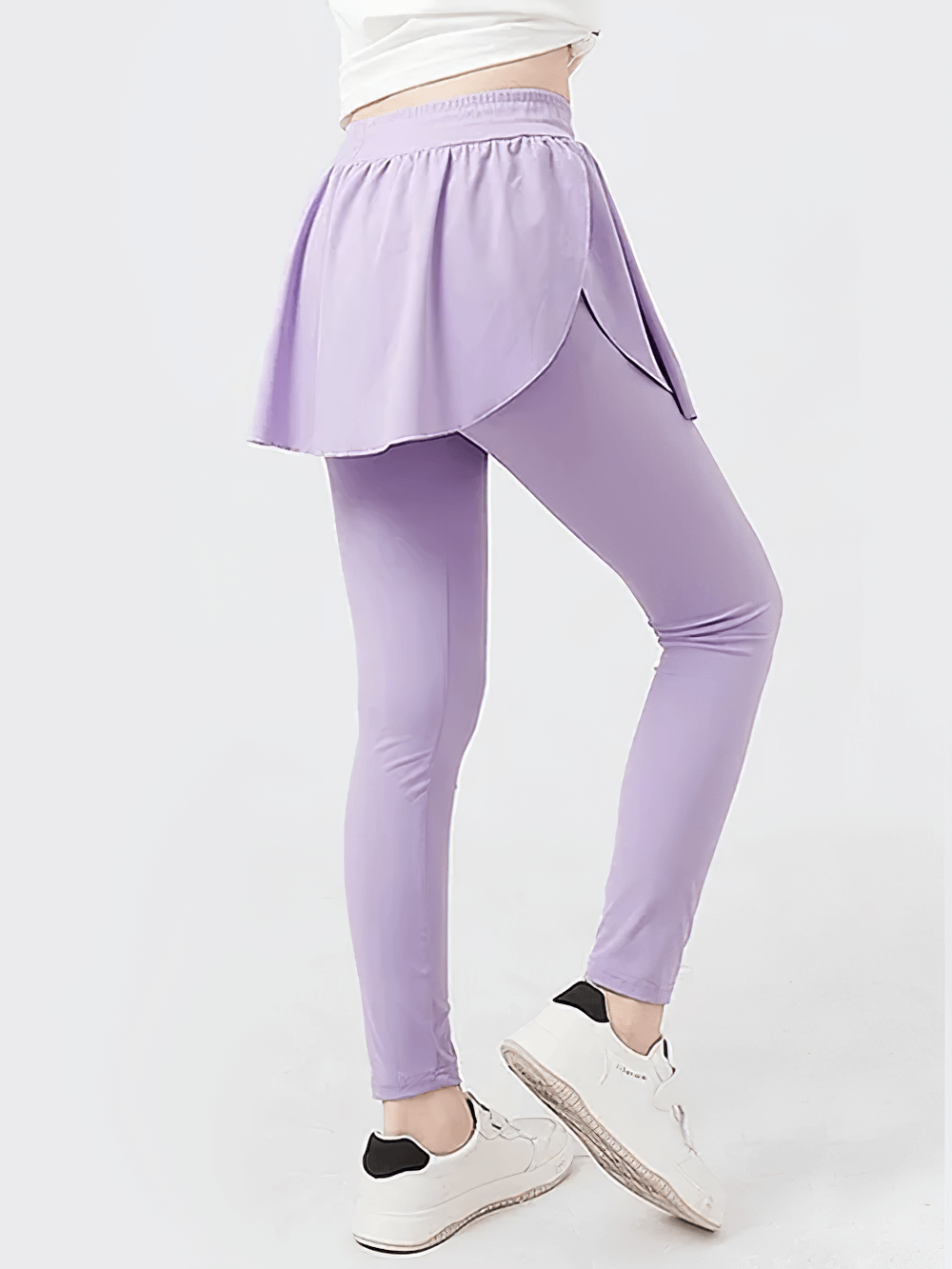 Girls Sports Leggings with Flow Skirt Design - SF3673 in lavender for active girls, featuring high waist and quick-drying materials.