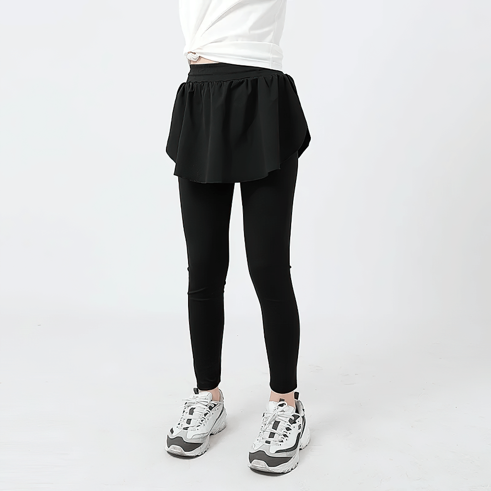 Girls Sports Leggings with Flow Skirt Design - SF3673, high-waist, black color, perfect for running, dance, or casual activities.