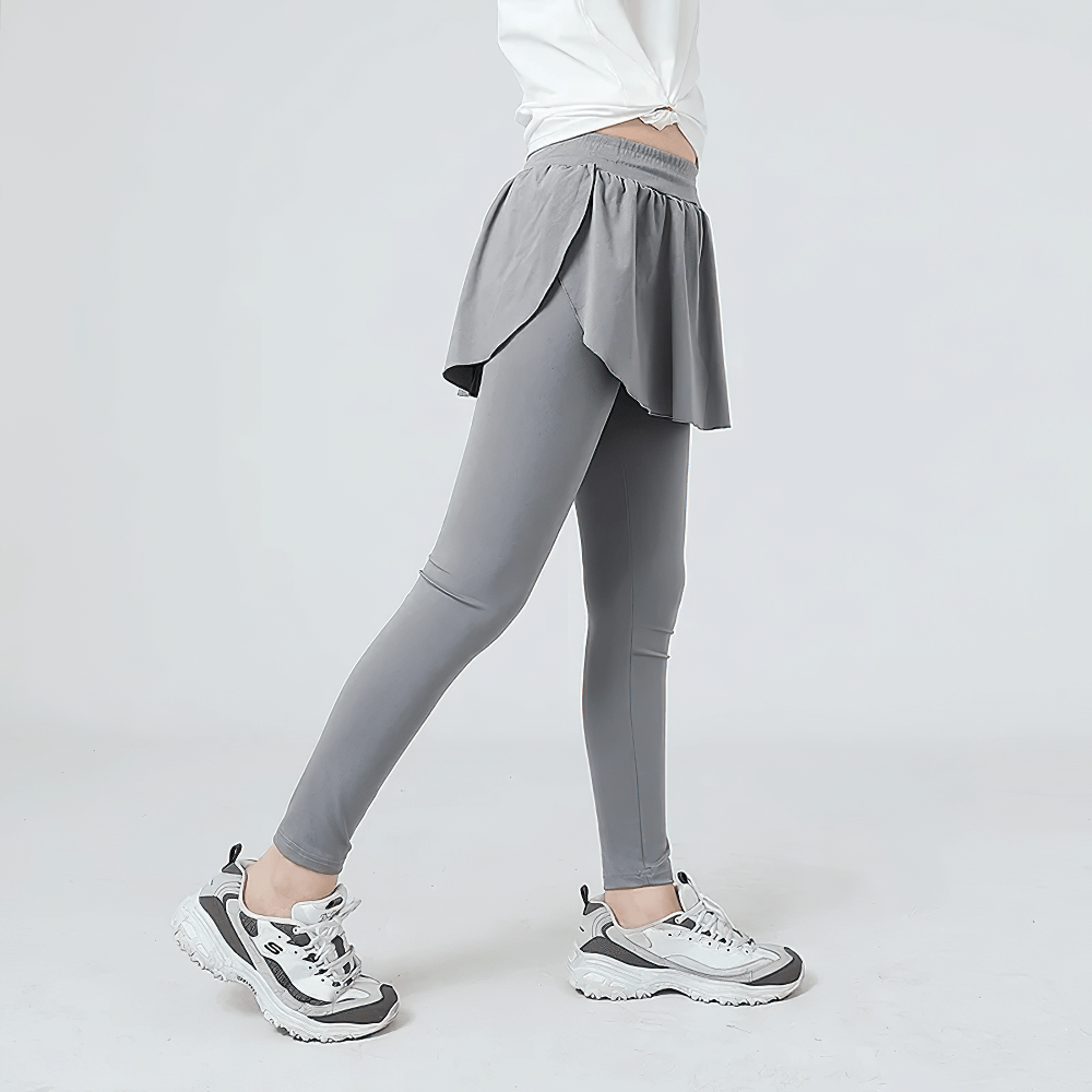 Girls Sports Leggings with Flow Skirt Design - SF3673, perfect for running and dance with high waist and flowy skirt.