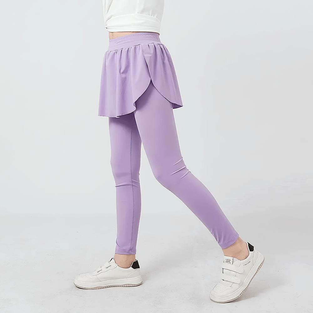 Girls Sports Leggings with Flow Skirt Design - SF3673 in lavender, featuring high-waist and flexible sportswear for active girls.