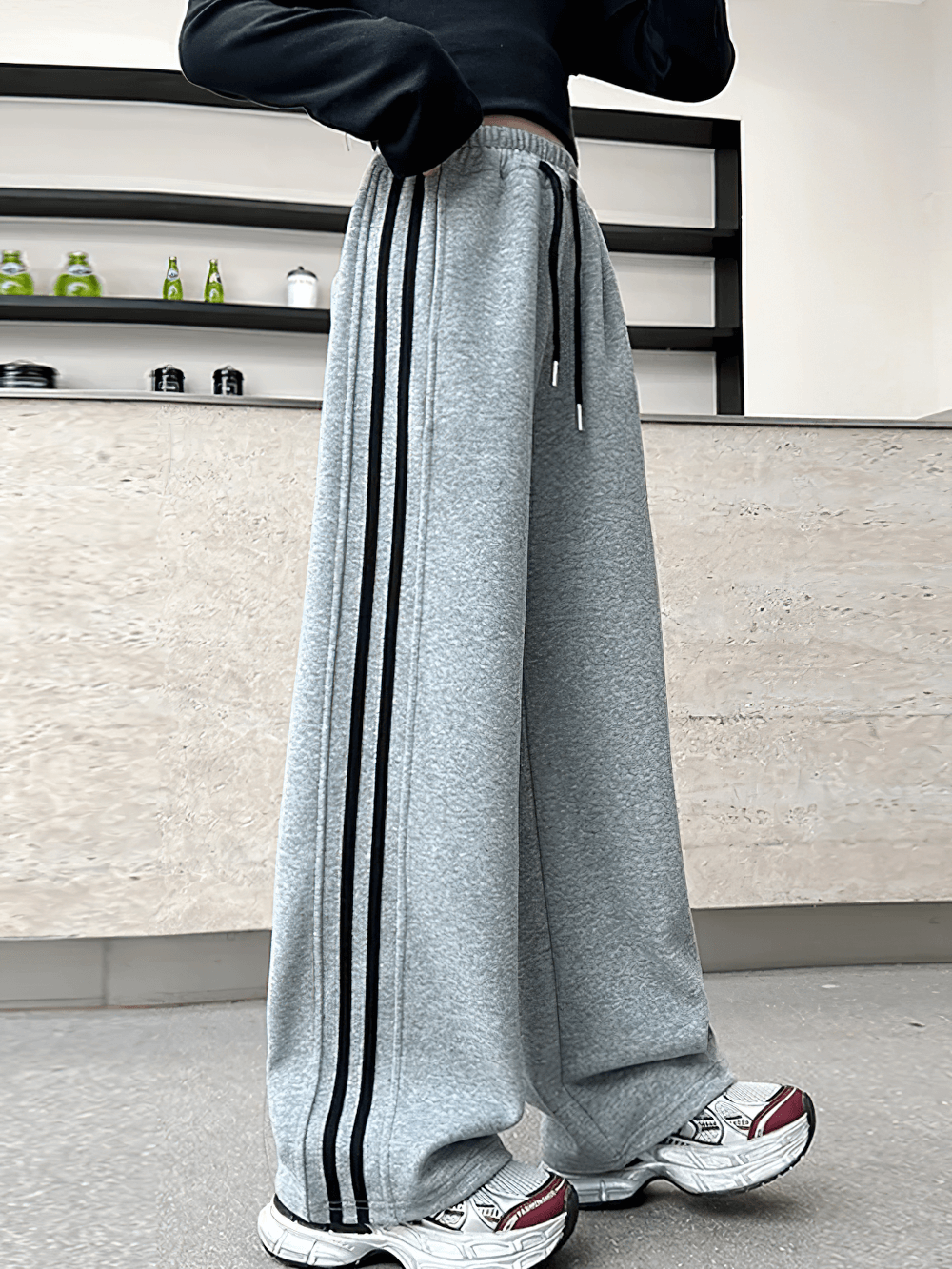 Girls Sporty Pants with Side Stripes and Drawstring - SF3620, grey with black stripes, casual and stylish fit