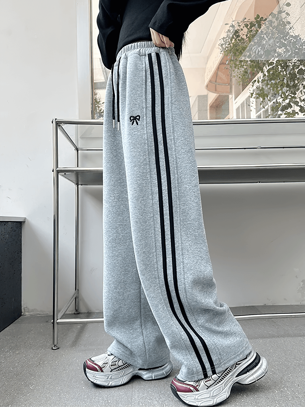 Girls Sporty Pants with Side Stripes and Drawstring - SF3620, gray with elastic waist and stylish stripes, perfect for sports or casual wear.