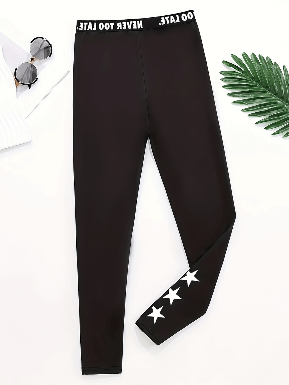 Girls Star Print High-Waist Stretch Fitness Leggings - SF3777 in black with star accents and elastic waistband for active movement.