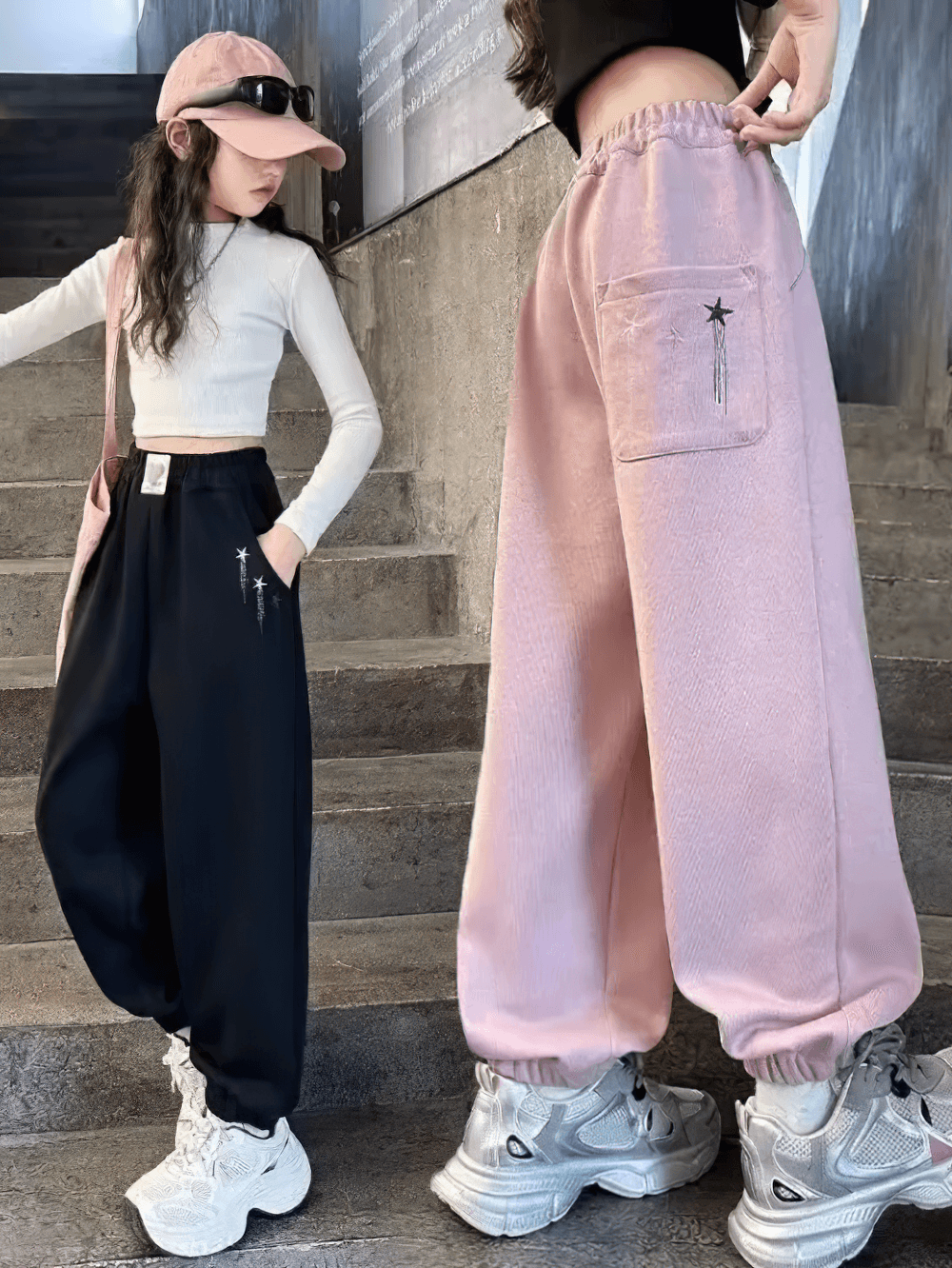 Girls Star Print Loose Sports Pants with Elastic Waist - SF3728, trendy casual wear for active days.