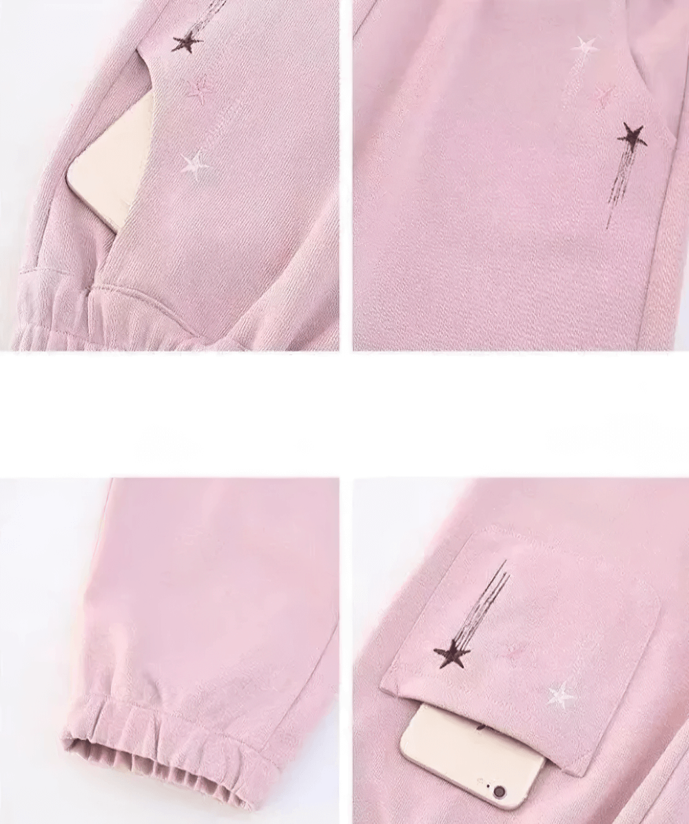 Close-up of Girls Star Print Loose Sports Pants with Elastic Waist - SF3728 showing elastic ankles and trendy star prints.