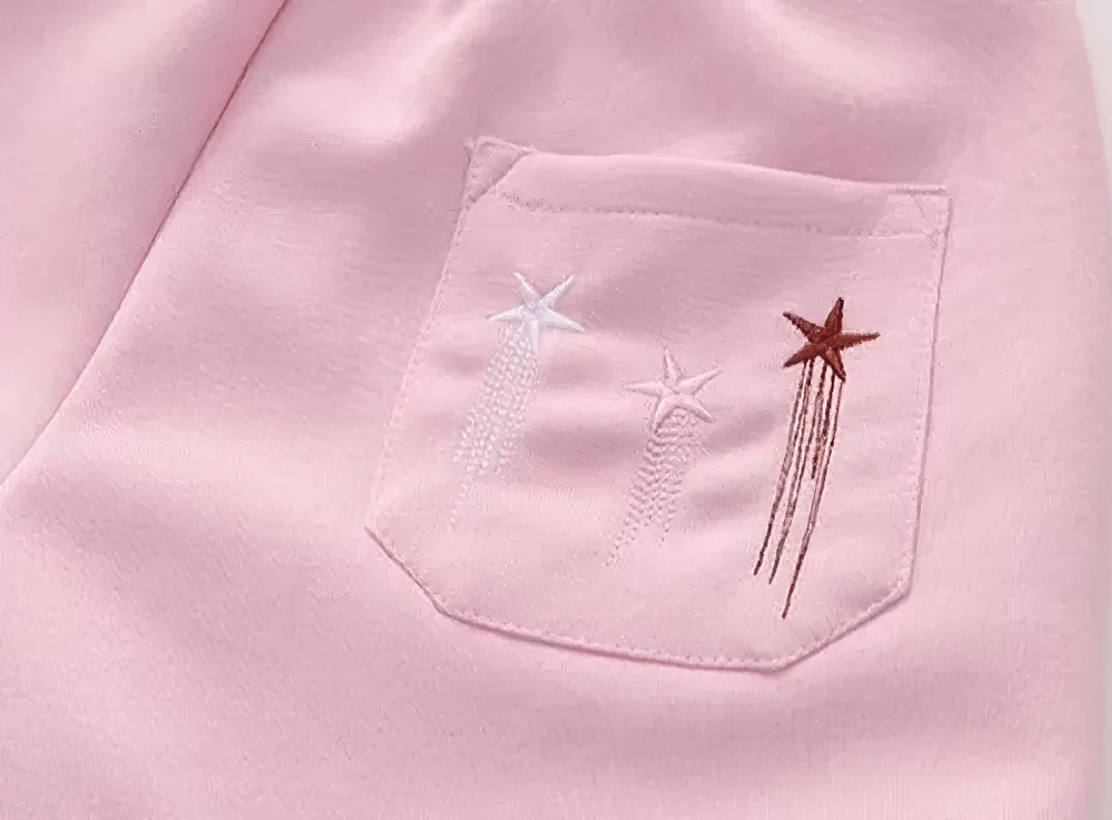 Close-up of pink Girls Star Print Loose Sports Pants with Elastic Waist - SF3728 showcasing star-themed design on pocket.
