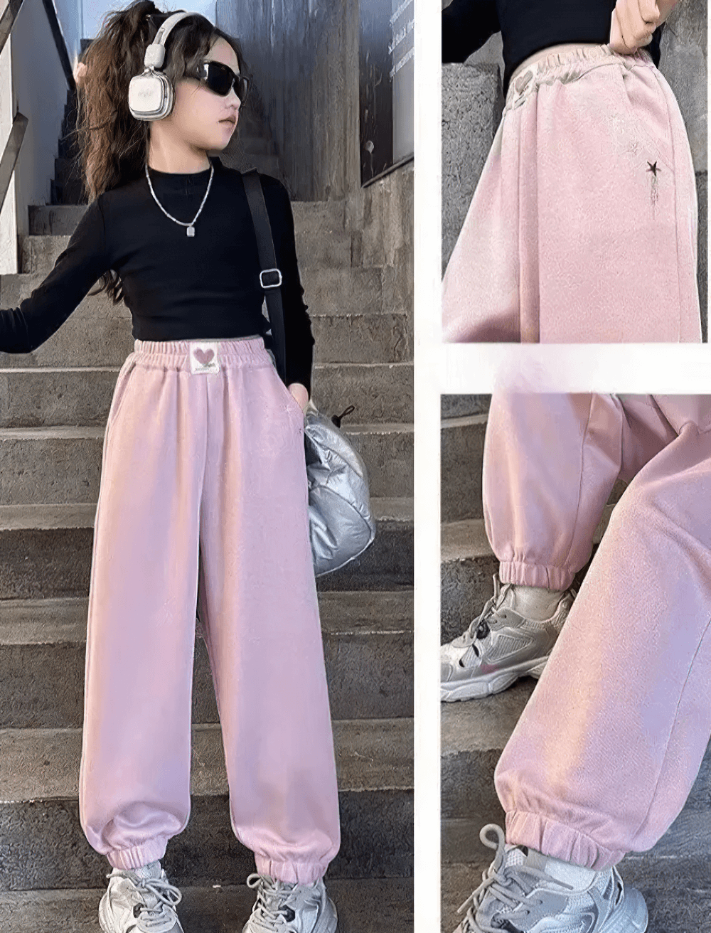 Girls Star Print Loose Sports Pants with Elastic Waist - SF3728 in action on a stylish girl, showcasing the trendy star-themed design.