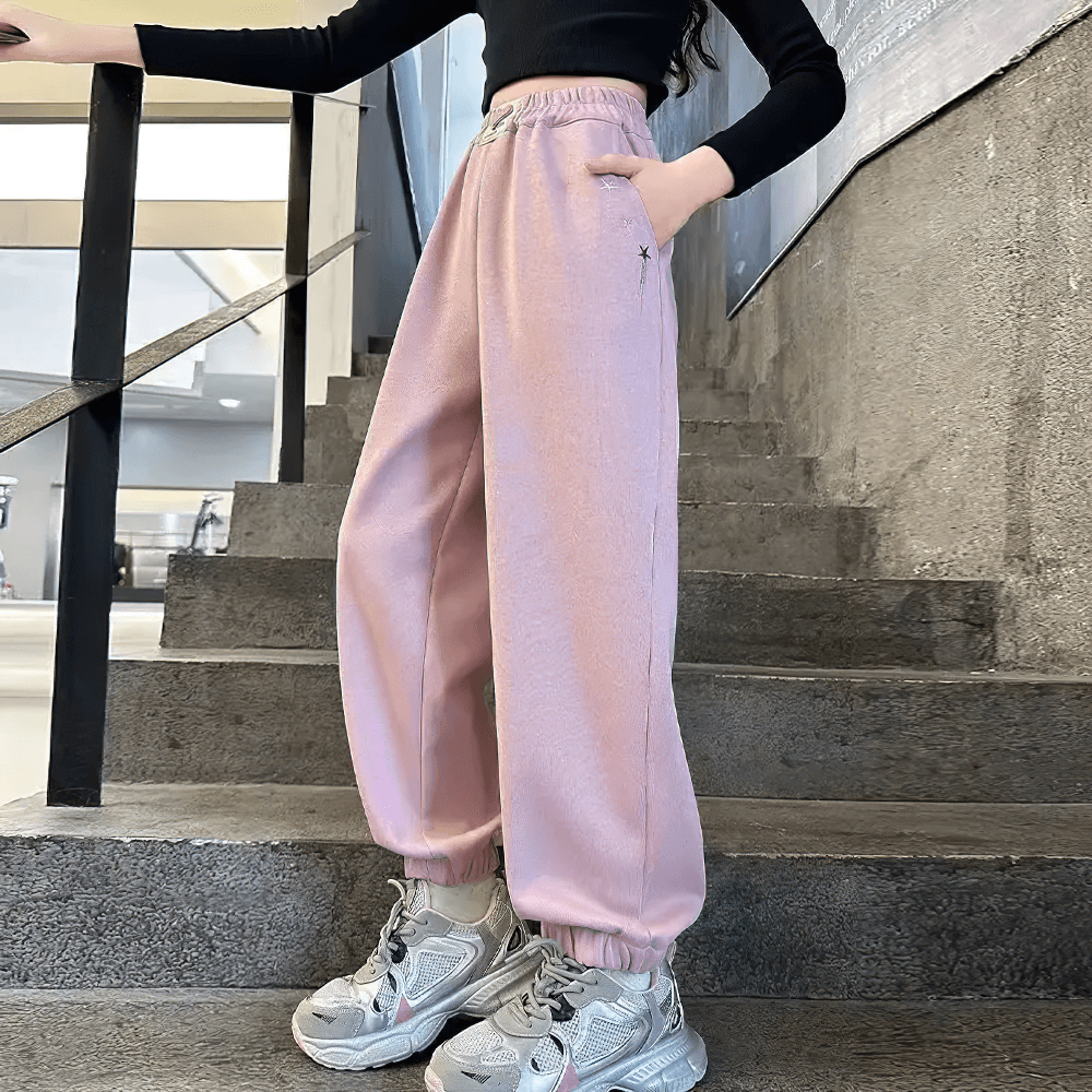 Girls Star Print Loose Sports Pants with Elastic Waist - SF3728, stylish pink sportswear for active days and casual outings.