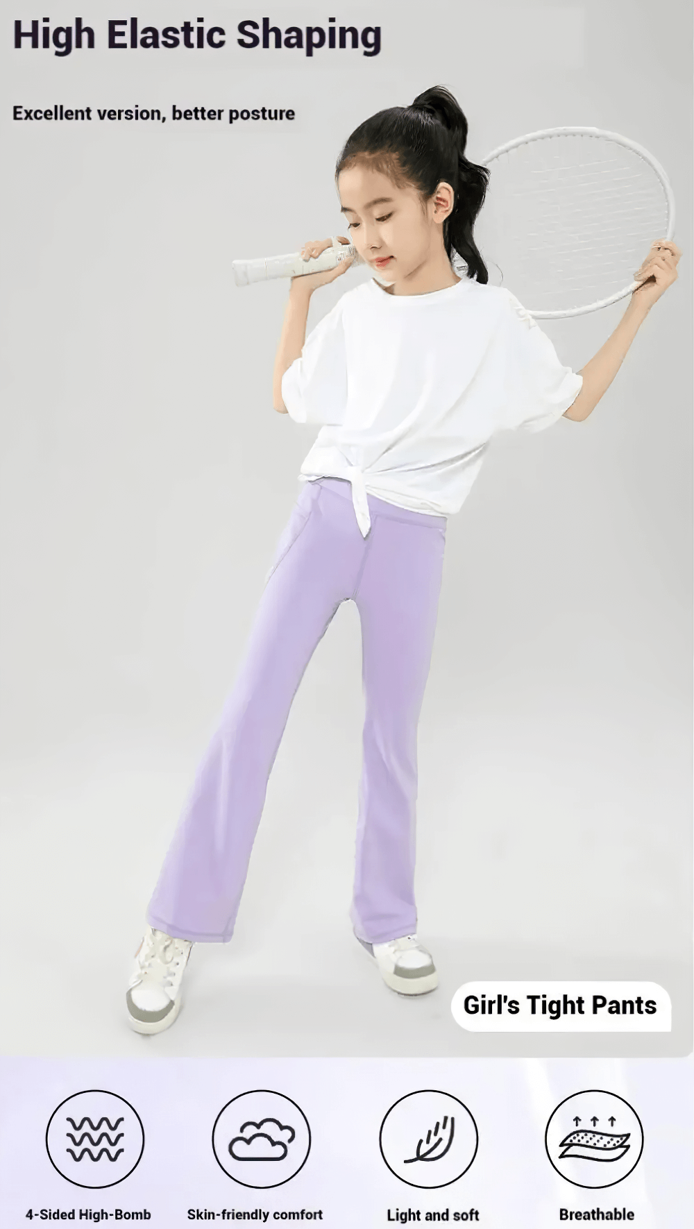 Young girl playing tennis in Girls Stretch Flared Pants with Breathable Fabric - SF3610, showcasing flexibility and comfort.