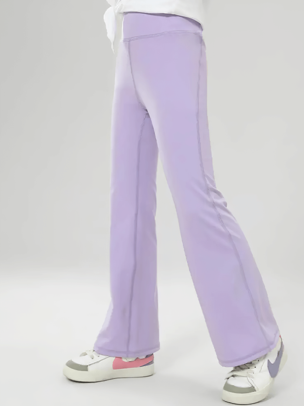 Close-up side view of lilac Girls Stretch Flared Pants with Breathable Fabric - SF3610 featuring side pocket and comfortable fit.