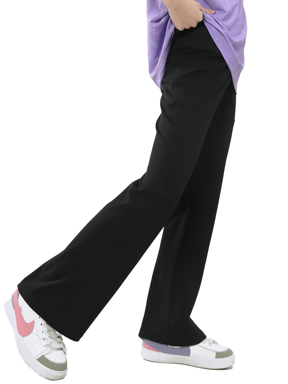 Girl walking in Girls Stretch Flared Pants with Breathable Fabric - SF3610 featuring a sleek black design and side pockets for essentials.