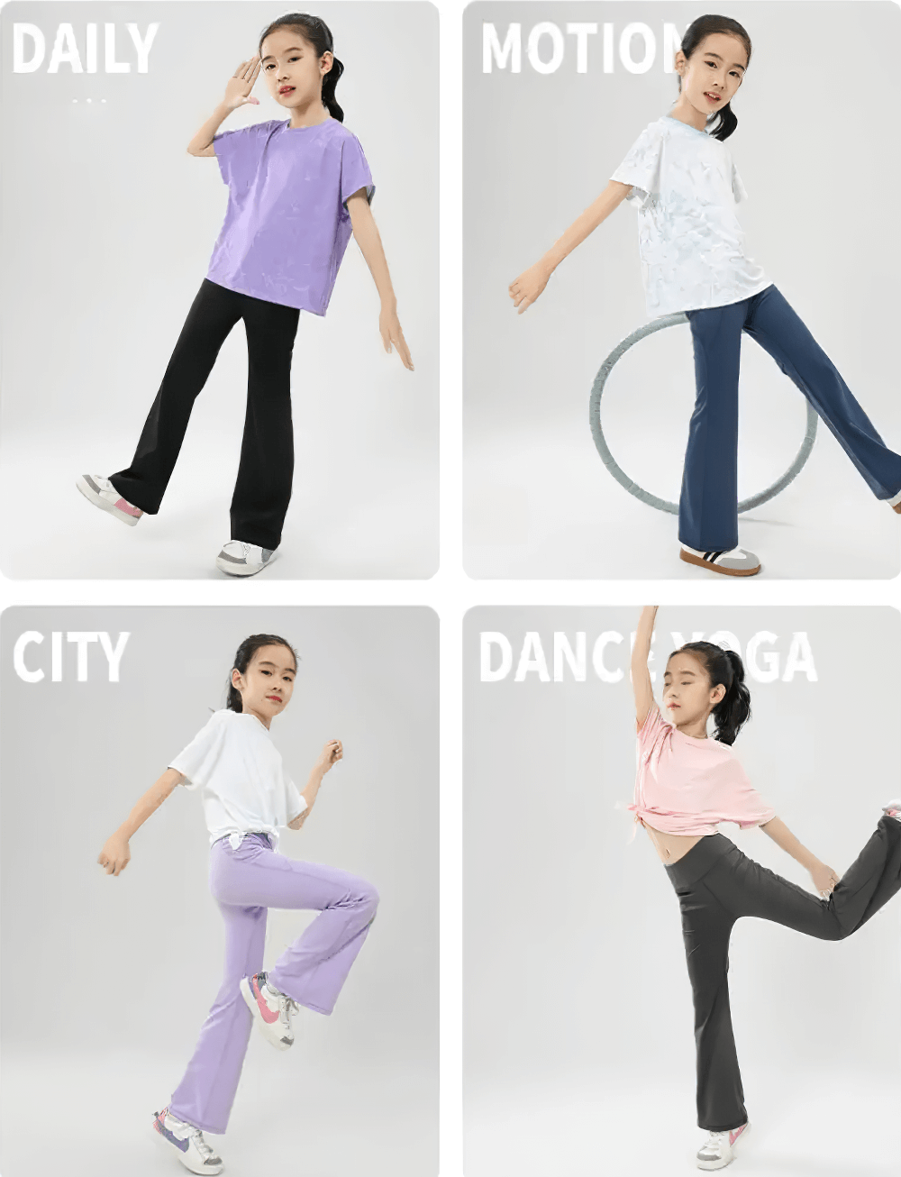 Girls Stretch Flared Pants with Breathable Fabric - SF3610 in various colors and activities like daily wear, motion, city life, and dance yoga.