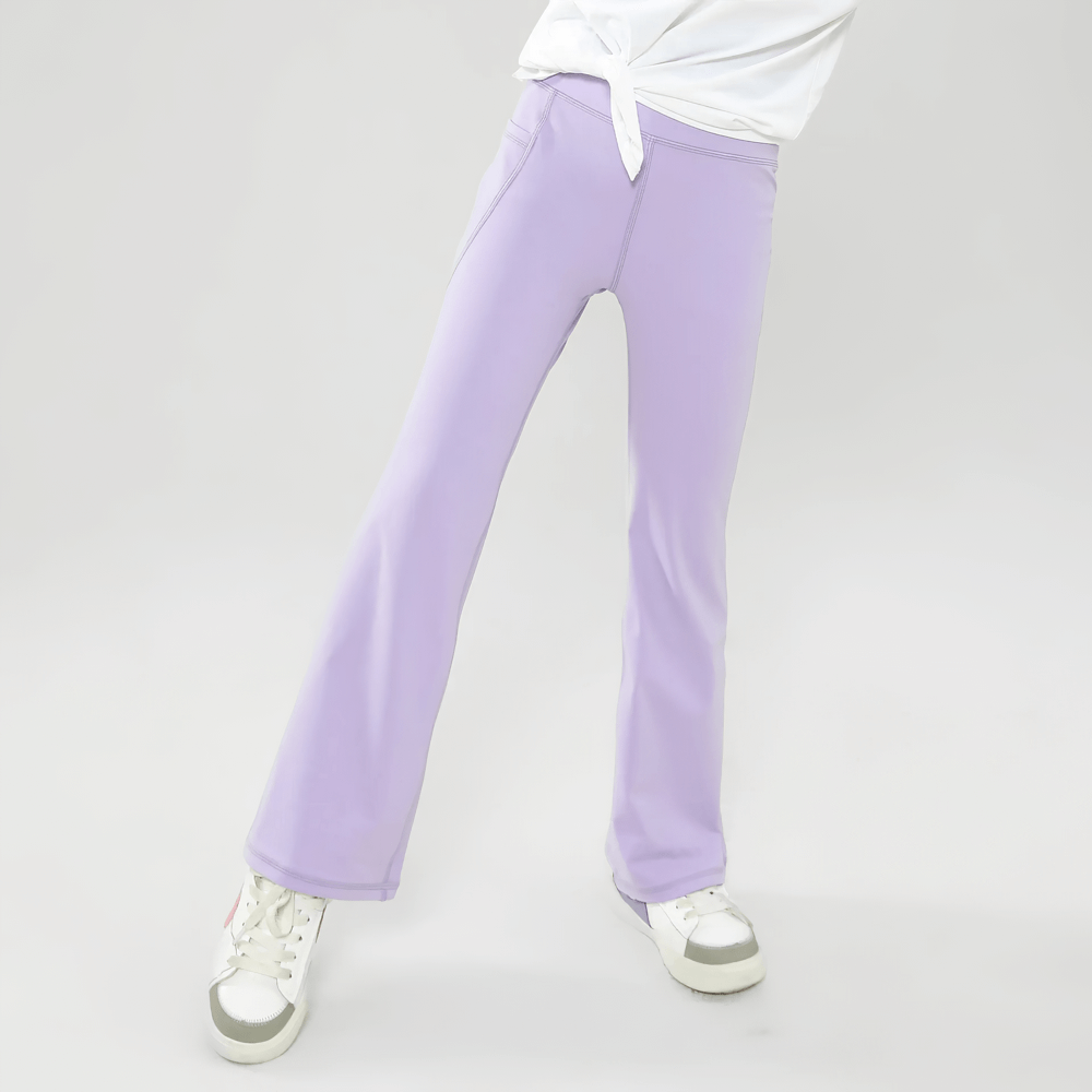 Girls Stretch Flared Pants with Breathable Fabric - SF3610, lilac color, featuring side pockets and StretchA material, ideal for casual wear.