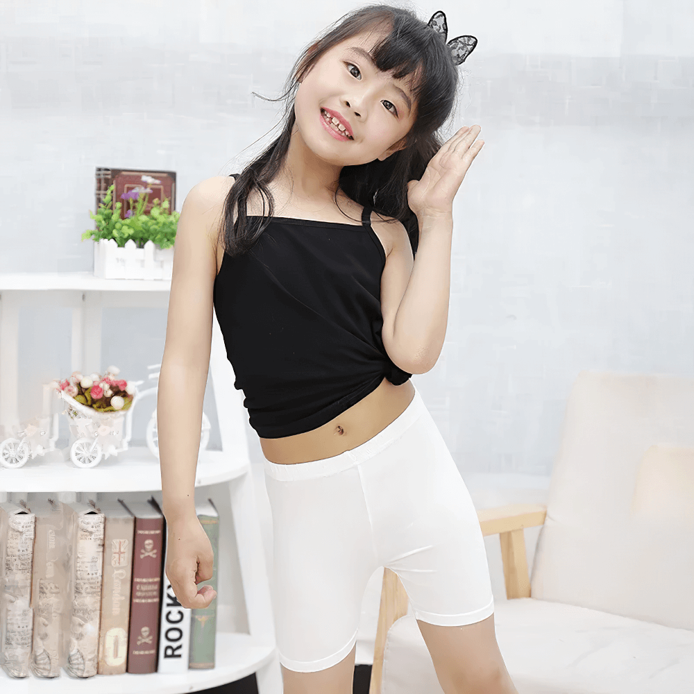 Girls Stretchy Sport Shorts for Fitness - SF3743 shown on a young girl in a black top, perfect for workouts and casual wear.