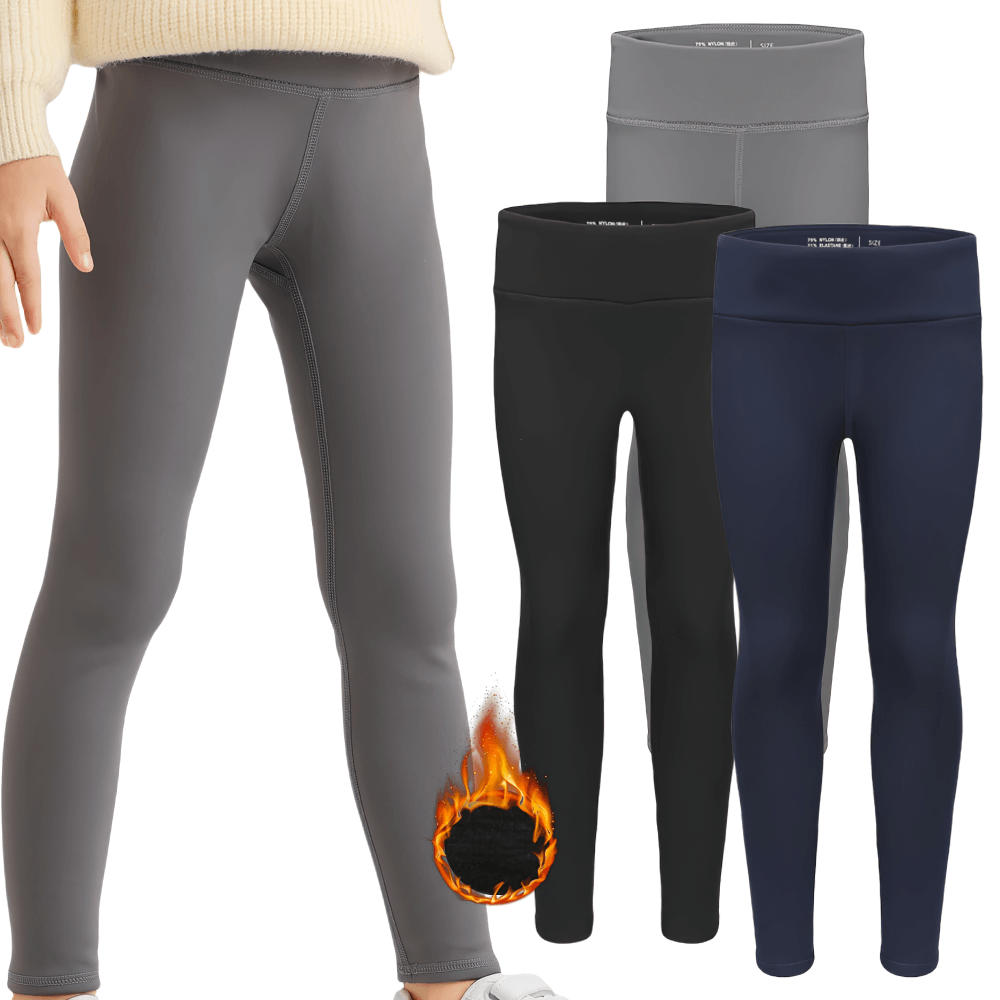 Girls Thermal Fleece Lined Sport Leggings SF3862 in gray, black, and navy for cold-weather activities, featuring a unique fleece interior.