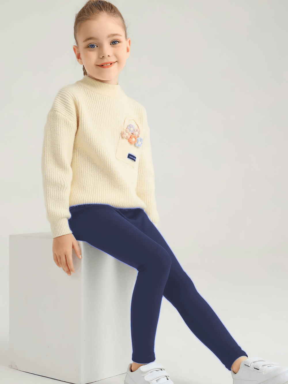 Young girl modeling Girls Thermal Fleece Lined Sport Leggings - SF3862, sitting in a cozy sweater and sneakers for cold-weather style.