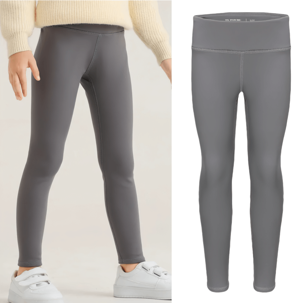 Girls Thermal Fleece Lined Sport Leggings - SF3862, gray fleece-lined leggings for cold weather wear, shown on a model and flat display