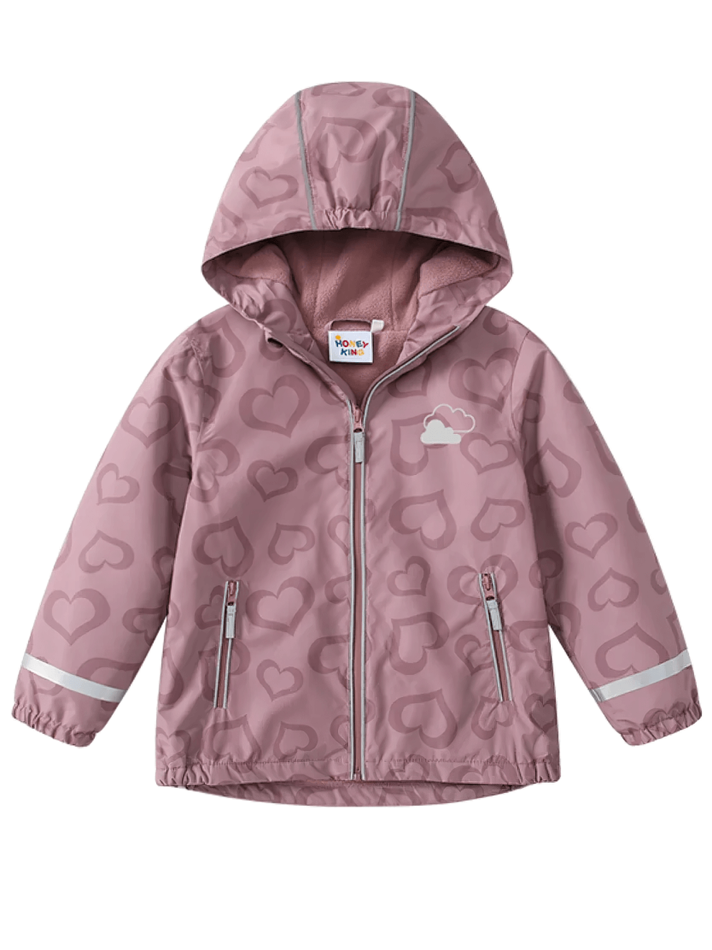 Girls Waterproof Heart Print Hooded Jacket - SF3569 in pink with zipper and reflective accents, perfect for rainy days.