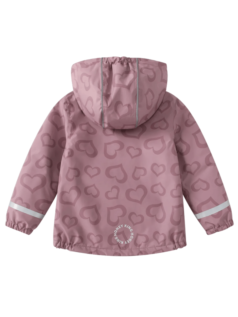 Girls Waterproof Heart Print Hooded Jacket - SF3569 in pink with cute heart design, rear view showcasing hood and reflective details.