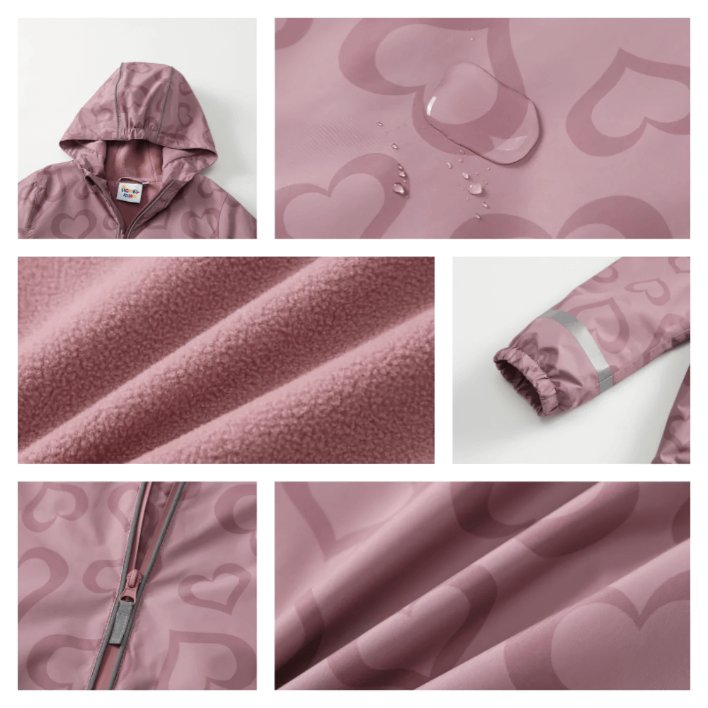 Girls Waterproof Heart Print Hooded Jacket - SF3569 with close-up details and water resistance.