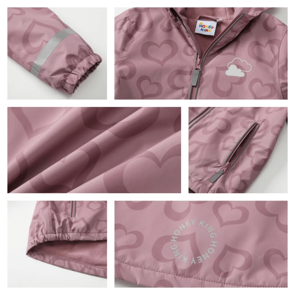 Girls Waterproof Heart Print Hooded Jacket - SF3569 with adorable heart patterns and reflective details in a collage layout.