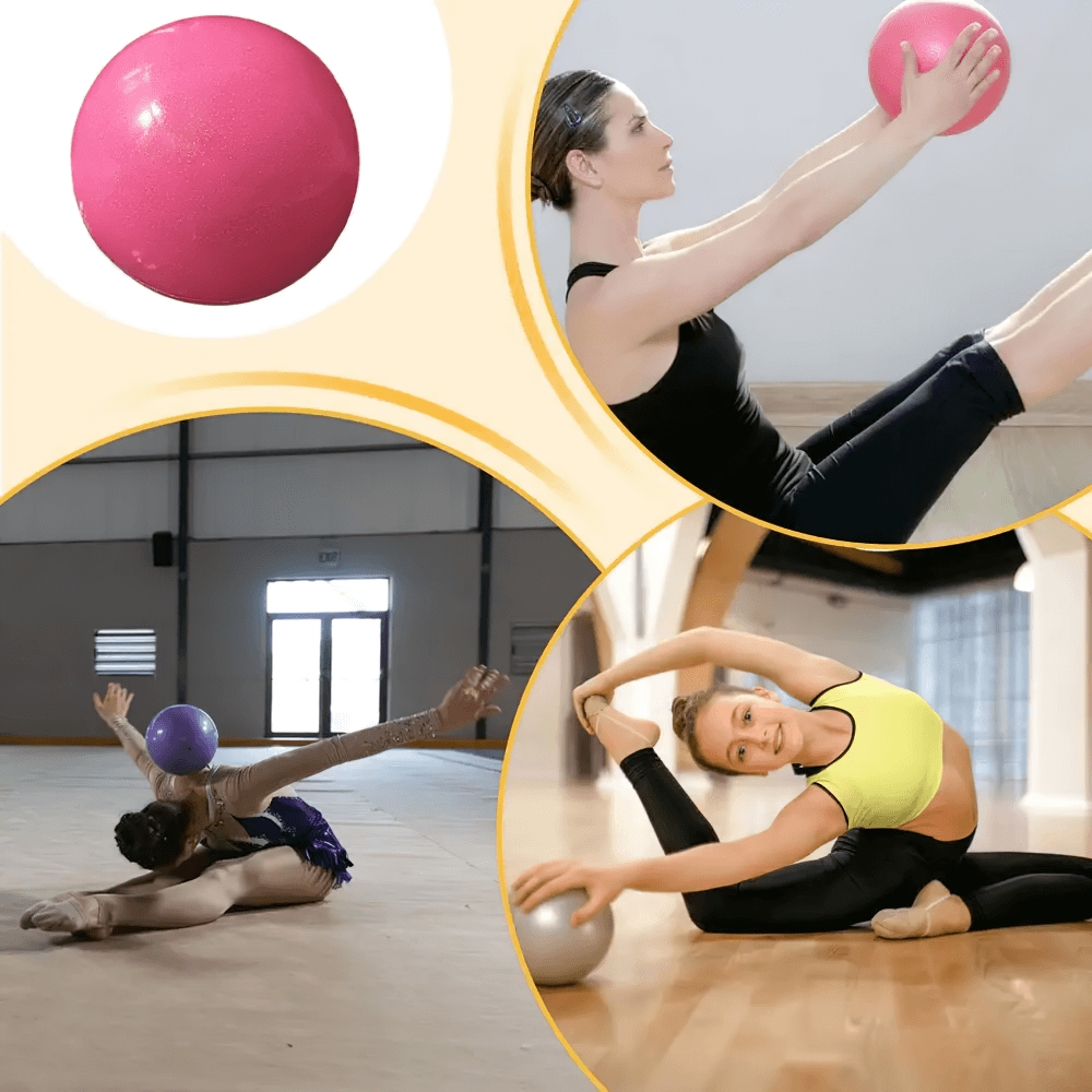 Women using pink exercise ball for flexibility and balance in gym workouts